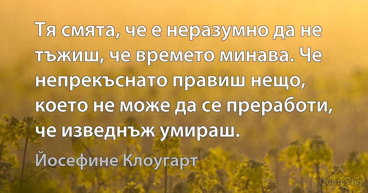 Тя смята, че е неразумно да не тъжиш, че времето минава. Че непрекъснато правиш нещо, което не може да се преработи, че изведнъж умираш. (Йосефине Клоугарт)