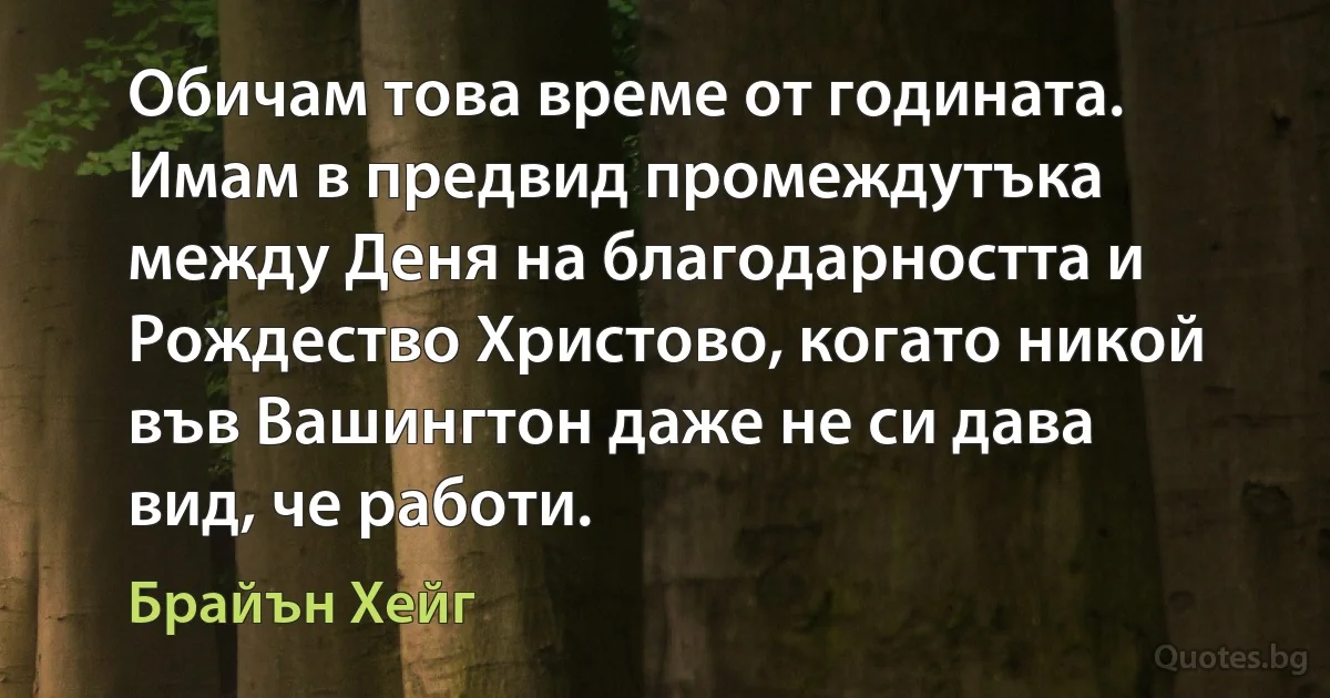 Обичам това време от годината. Имам в предвид промеждутъка между Деня на благодарността и Рождество Христово, когато никой във Вашингтон даже не си дава вид, че работи. (Брайън Хейг)