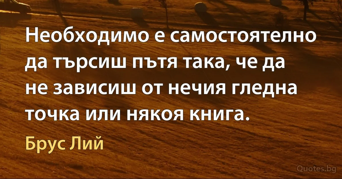 Необходимо е самостоятелно да търсиш пътя така, че да не зависиш от нечия гледна точка или някоя книга. (Брус Лий)