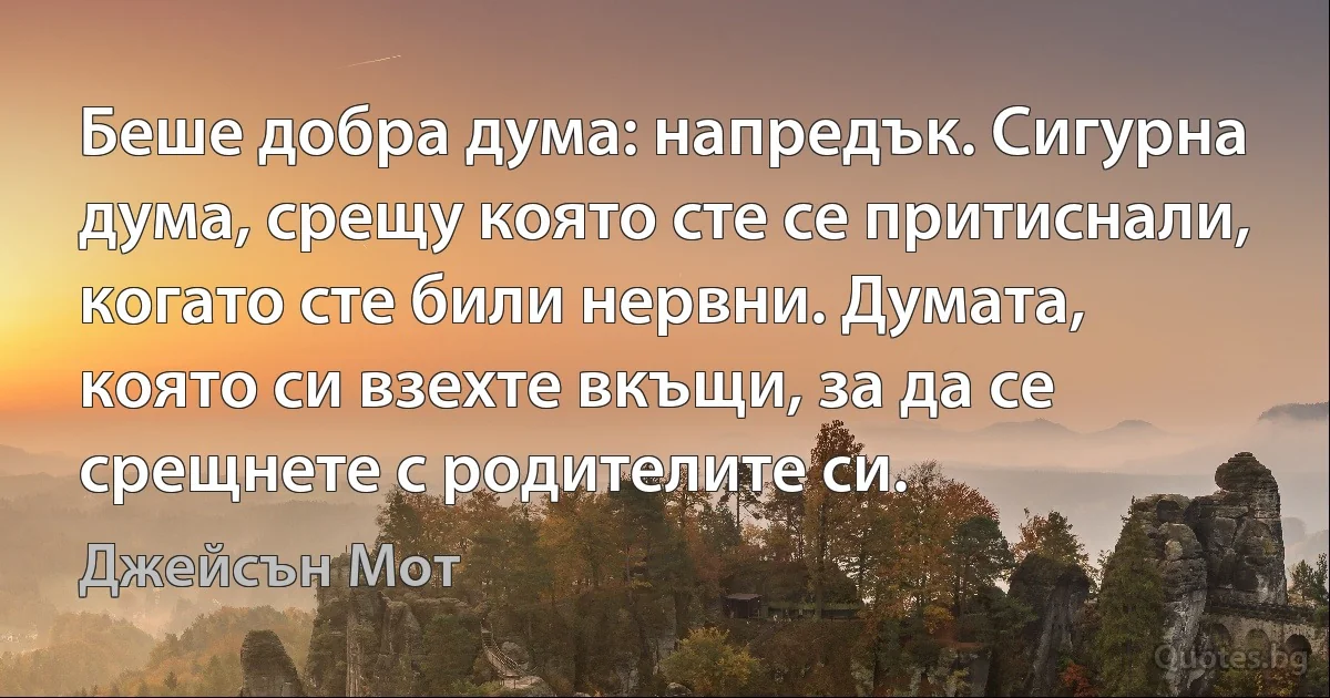 Беше добра дума: напредък. Сигурна дума, срещу която сте се притиснали, когато сте били нервни. Думата, която си взехте вкъщи, за да се срещнете с родителите си. (Джейсън Мот)