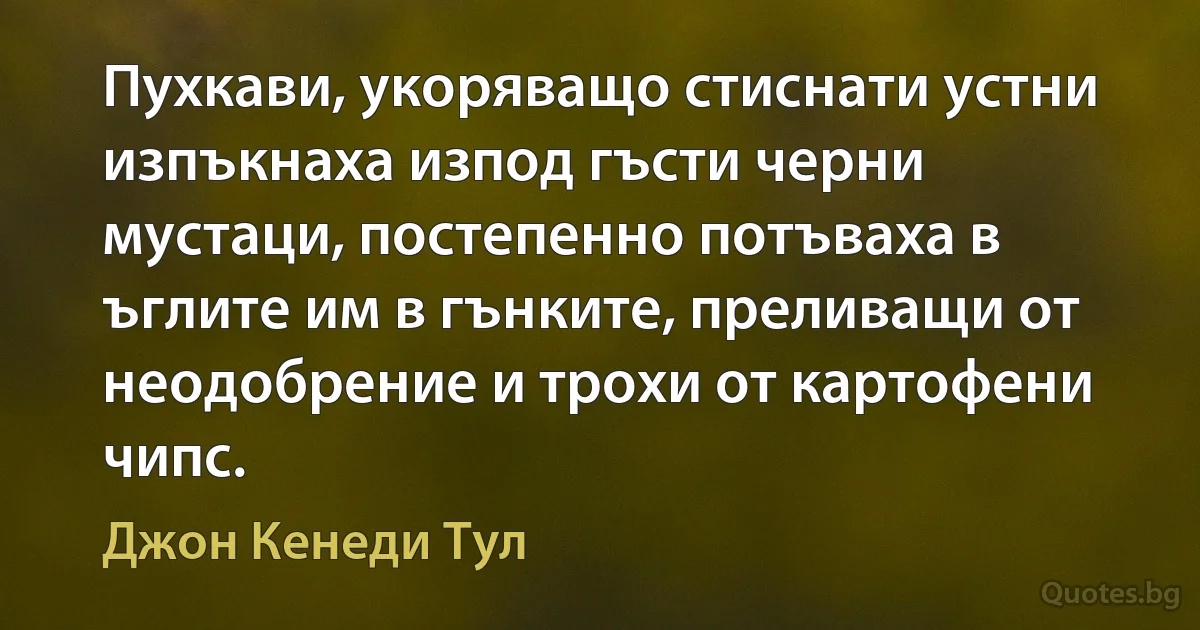 Пухкави, укоряващо стиснати устни изпъкнаха изпод гъсти черни мустаци, постепенно потъваха в ъглите им в гънките, преливащи от неодобрение и трохи от картофени чипс. (Джон Кенеди Тул)