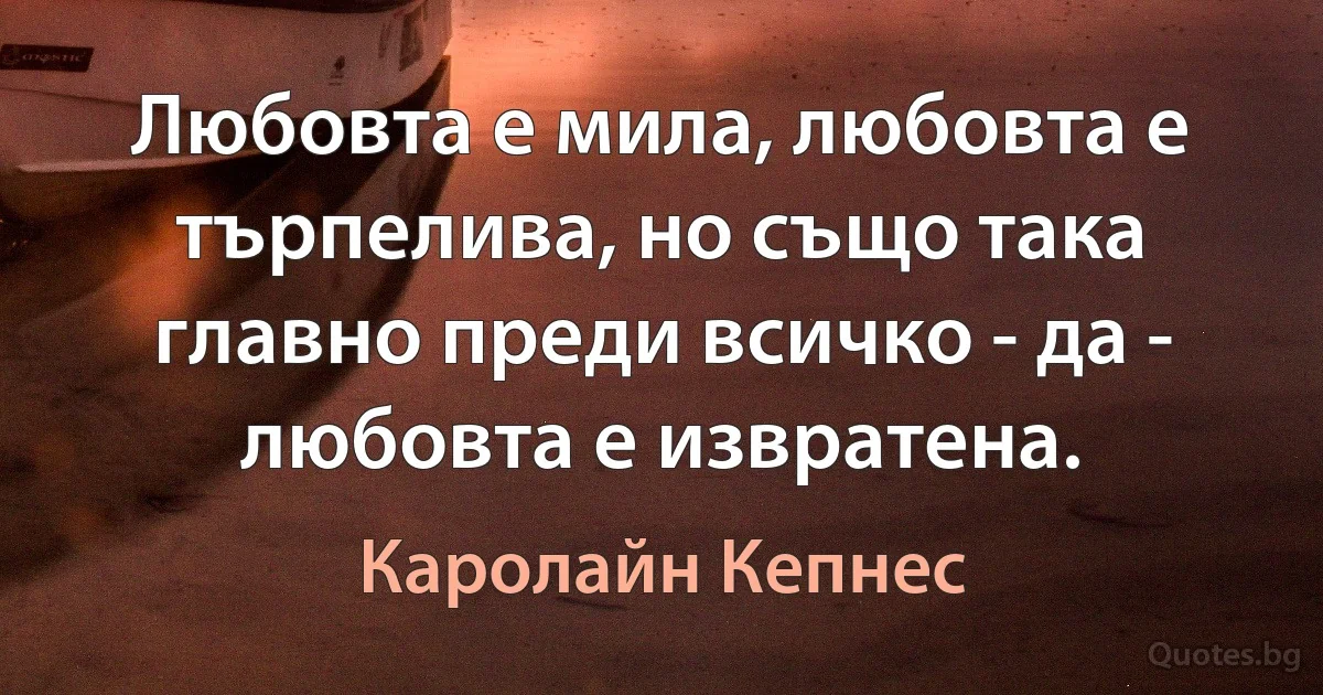 Любовта е мила, любовта е търпелива, но също така главно преди всичко - да - любовта е извратена. (Каролайн Кепнес)