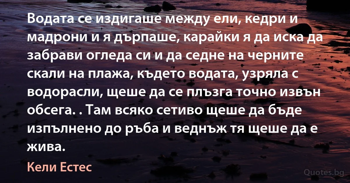 Водата се издигаше между ели, кедри и мадрони и я дърпаше, карайки я да иска да забрави огледа си и да седне на черните скали на плажа, където водата, узряла с водорасли, щеше да се плъзга точно извън обсега. . Там всяко сетиво щеше да бъде изпълнено до ръба и веднъж тя щеше да е жива. (Кели Естес)