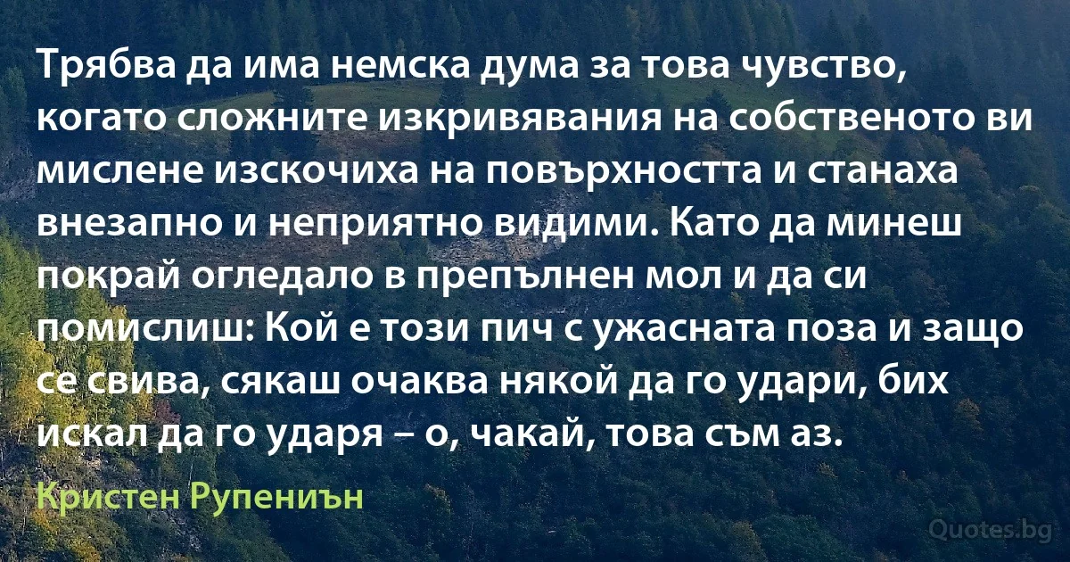 Трябва да има немска дума за това чувство, когато сложните изкривявания на собственото ви мислене изскочиха на повърхността и станаха внезапно и неприятно видими. Като да минеш покрай огледало в препълнен мол и да си помислиш: Кой е този пич с ужасната поза и защо се свива, сякаш очаква някой да го удари, бих искал да го ударя – о, чакай, това съм аз. (Кристен Рупениън)