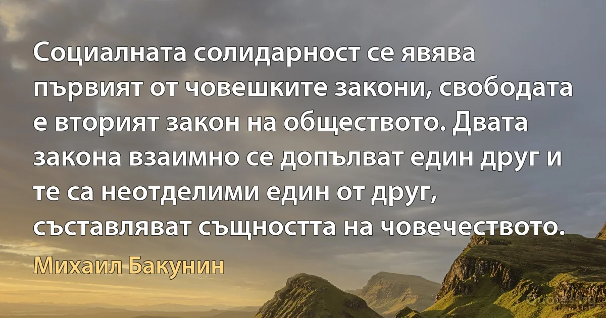 Социалната солидарност се явява първият от човешките закони, свободата е вторият закон на обществото. Двата закона взаимно се допълват един друг и те са неотделими един от друг, съставляват същността на човечеството. (Михаил Бакунин)