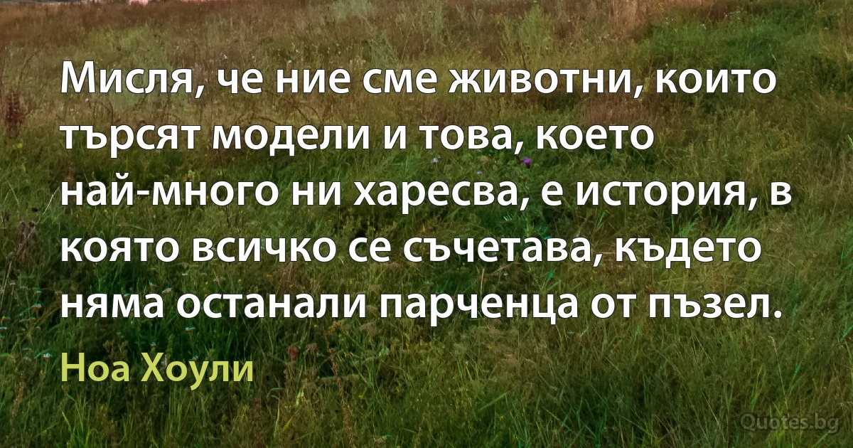 Мисля, че ние сме животни, които търсят модели и това, което най-много ни харесва, е история, в която всичко се съчетава, където няма останали парченца от пъзел. (Ноа Хоули)