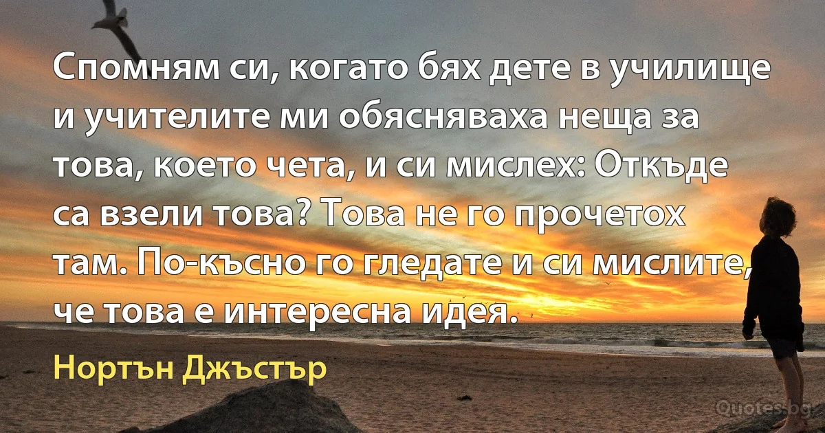 Спомням си, когато бях дете в училище и учителите ми обясняваха неща за това, което чета, и си мислех: Откъде са взели това? Това не го прочетох там. По-късно го гледате и си мислите, че това е интересна идея. (Нортън Джъстър)