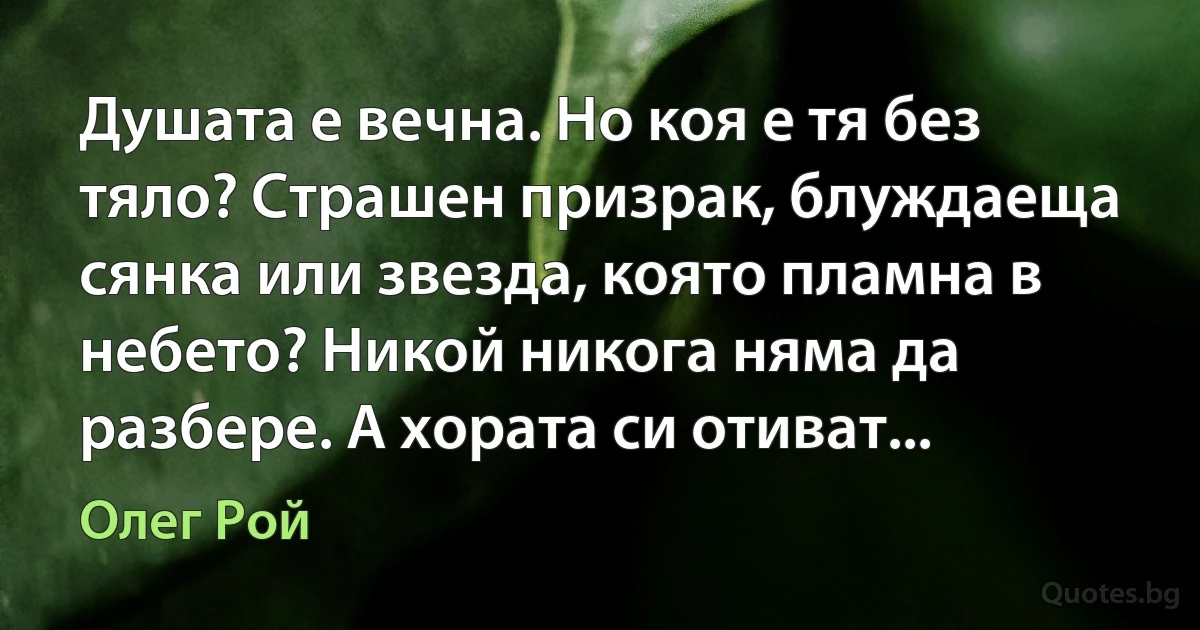 Душата е вечна. Но коя е тя без тяло? Страшен призрак, блуждаеща сянка или звезда, която пламна в небето? Никой никога няма да разбере. А хората си отиват... (Олег Рой)