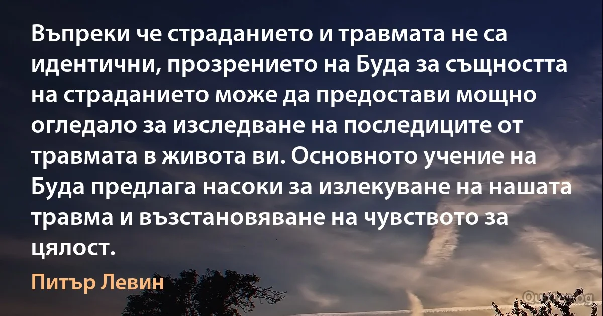 Въпреки че страданието и травмата не са идентични, прозрението на Буда за същността на страданието може да предостави мощно огледало за изследване на последиците от травмата в живота ви. Основното учение на Буда предлага насоки за излекуване на нашата травма и възстановяване на чувството за цялост. (Питър Левин)