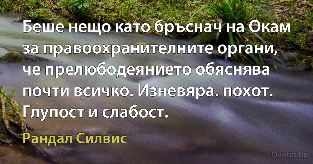 Беше нещо като бръснач на Окам за правоохранителните органи, че прелюбодеянието обяснява почти всичко. Изневяра. похот. Глупост и слабост. (Рандал Силвис)