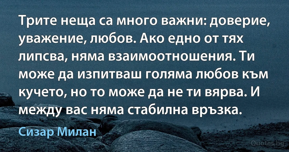 Трите неща са много важни: доверие, уважение, любов. Ако едно от тях липсва, няма взаимоотношения. Ти може да изпитваш голяма любов към кучето, но то може да не ти вярва. И между вас няма стабилна връзка. (Сизар Милан)