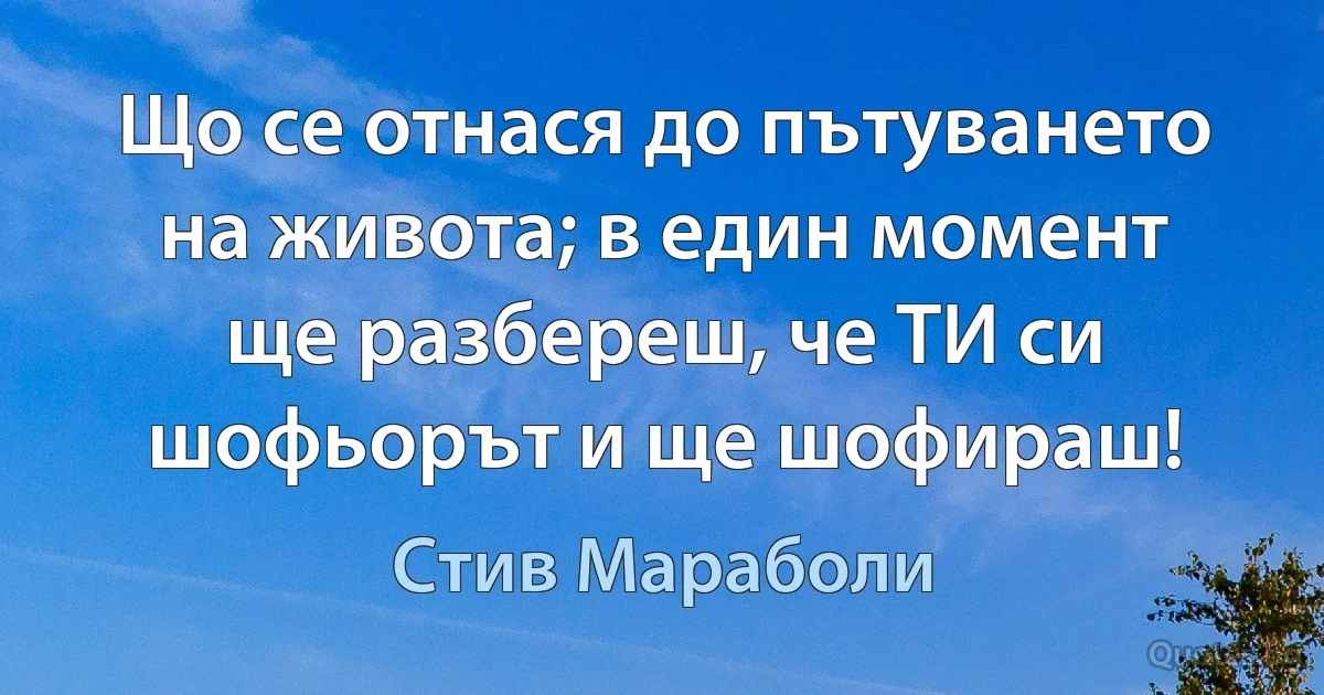 Що се отнася до пътуването на живота; в един момент ще разбереш, че ТИ си шофьорът и ще шофираш! (Стив Мараболи)