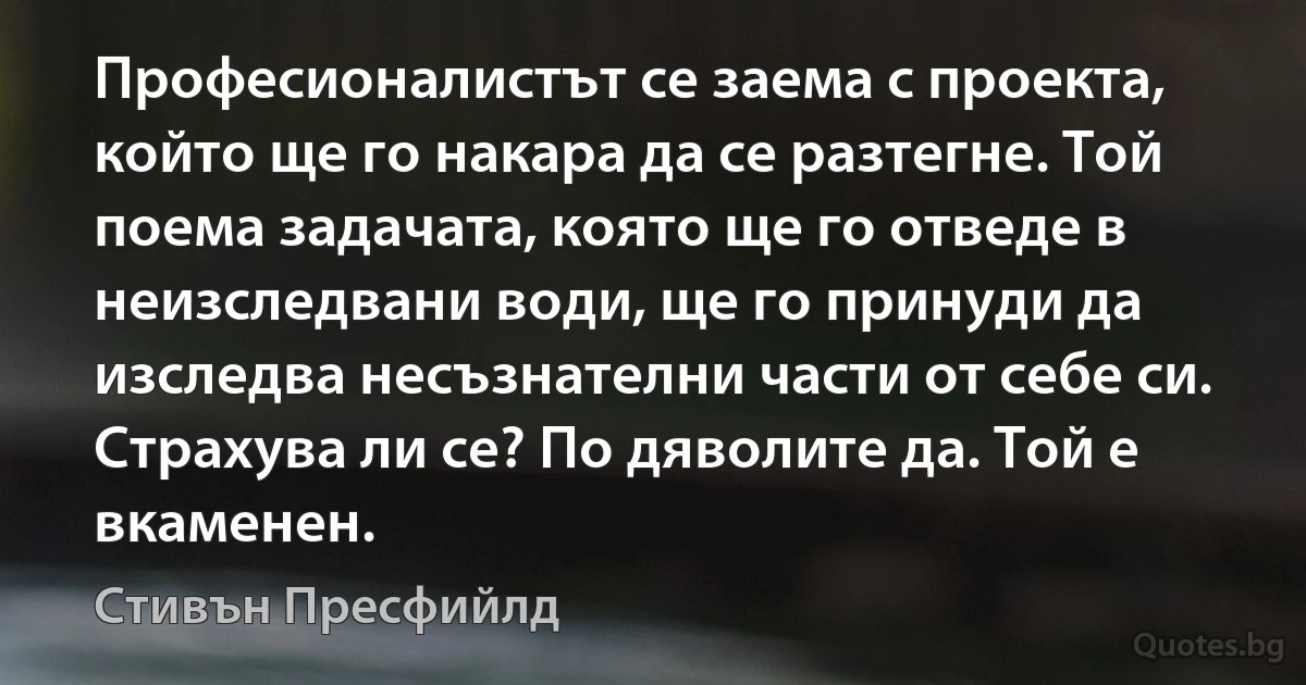 Професионалистът се заема с проекта, който ще го накара да се разтегне. Той поема задачата, която ще го отведе в неизследвани води, ще го принуди да изследва несъзнателни части от себе си. Страхува ли се? По дяволите да. Той е вкаменен. (Стивън Пресфийлд)