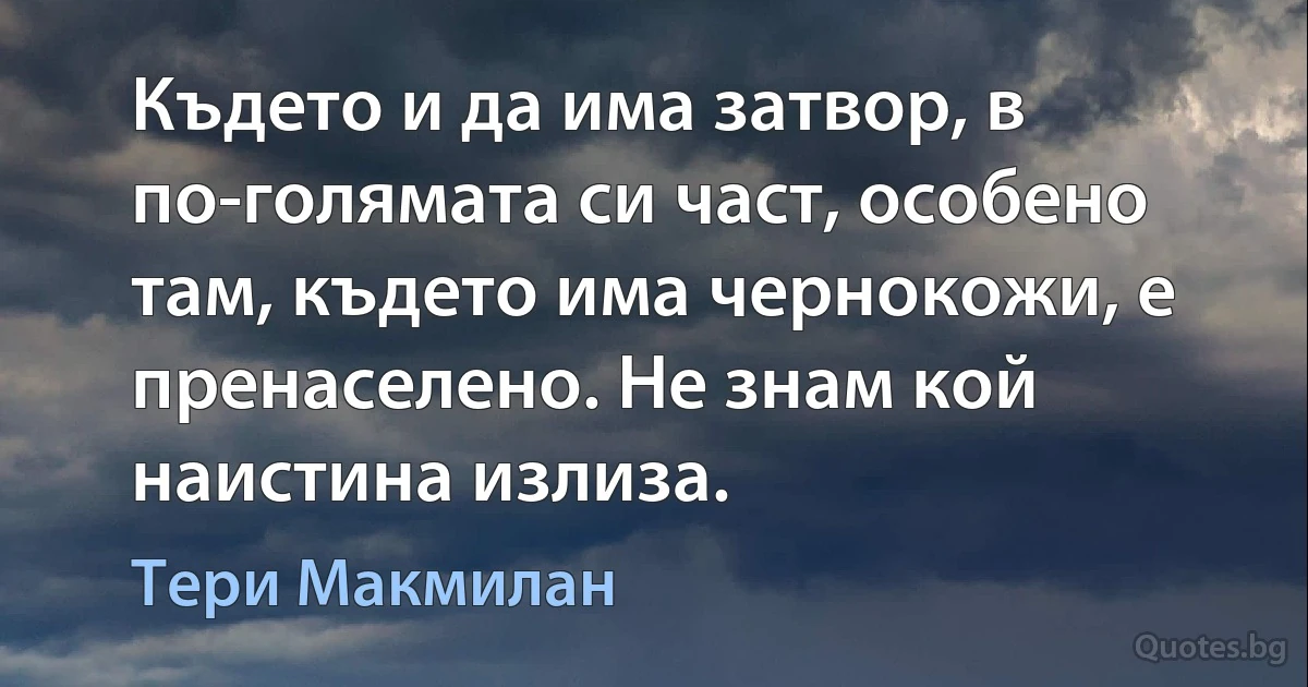 Където и да има затвор, в по-голямата си част, особено там, където има чернокожи, е пренаселено. Не знам кой наистина излиза. (Тери Макмилан)