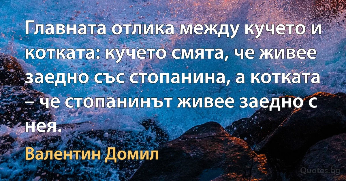 Главната отлика между кучето и котката: кучето смята, че живее заедно със стопанина, а котката – че стопанинът живее заедно с нея. (Валентин Домил)