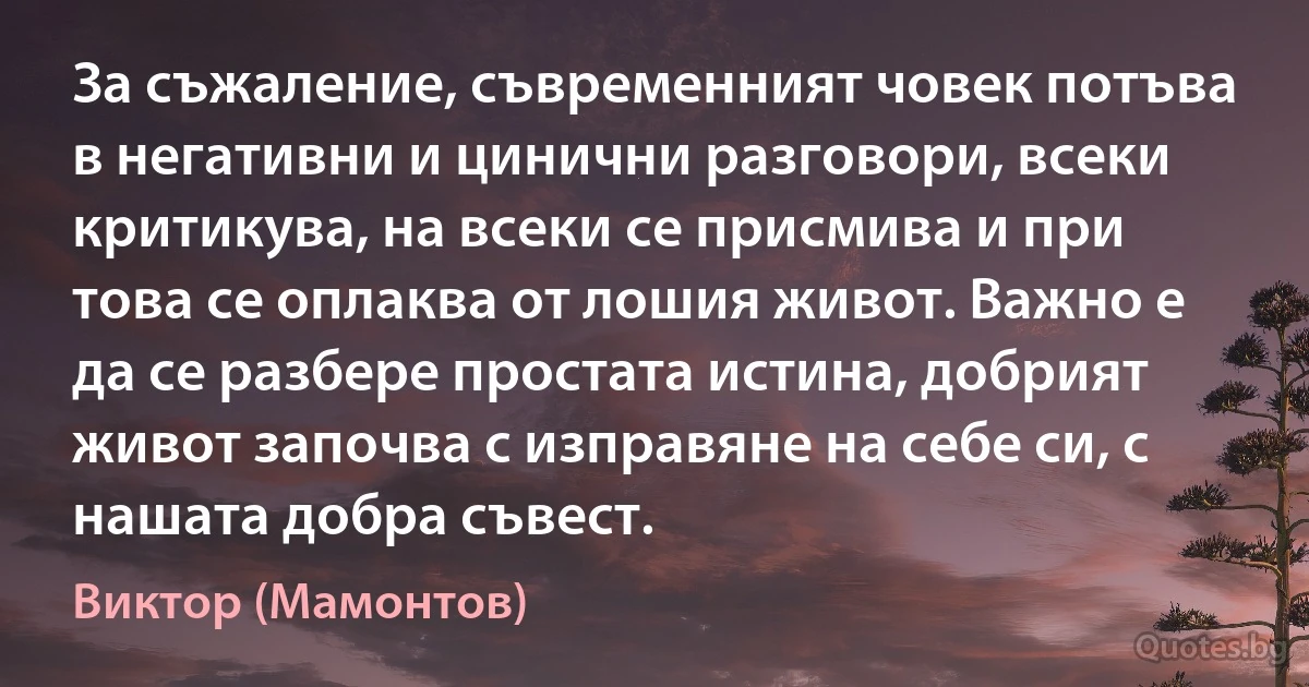 За съжаление, съвременният човек потъва в негативни и цинични разговори, всеки критикува, на всеки се присмива и при това се оплаква от лошия живот. Важно е да се разбере простата истина, добрият живот започва с изправяне на себе си, с нашата добра съвест. (Виктор (Мамонтов))