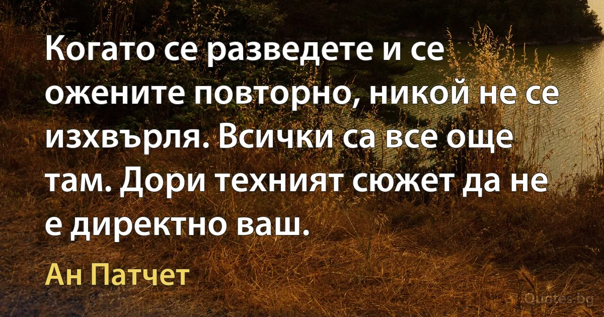 Когато се разведете и се ожените повторно, никой не се изхвърля. Всички са все още там. Дори техният сюжет да не е директно ваш. (Ан Патчет)