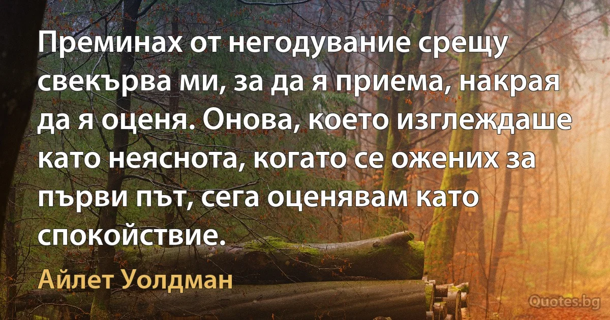 Преминах от негодувание срещу свекърва ми, за да я приема, накрая да я оценя. Онова, което изглеждаше като неяснота, когато се ожених за първи път, сега оценявам като спокойствие. (Айлет Уолдман)