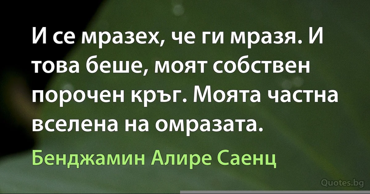 И се мразех, че ги мразя. И това беше, моят собствен порочен кръг. Моята частна вселена на омразата. (Бенджамин Алире Саенц)