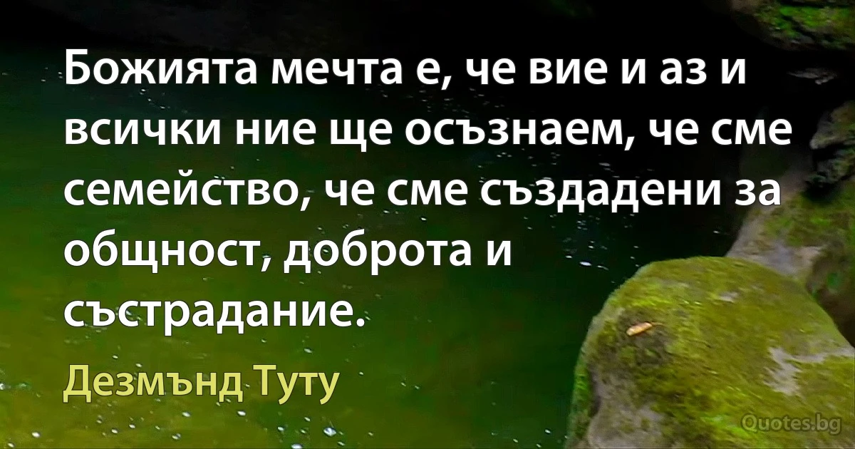 Божията мечта е, че вие и аз и всички ние ще осъзнаем, че сме семейство, че сме създадени за общност, доброта и състрадание. (Дезмънд Туту)