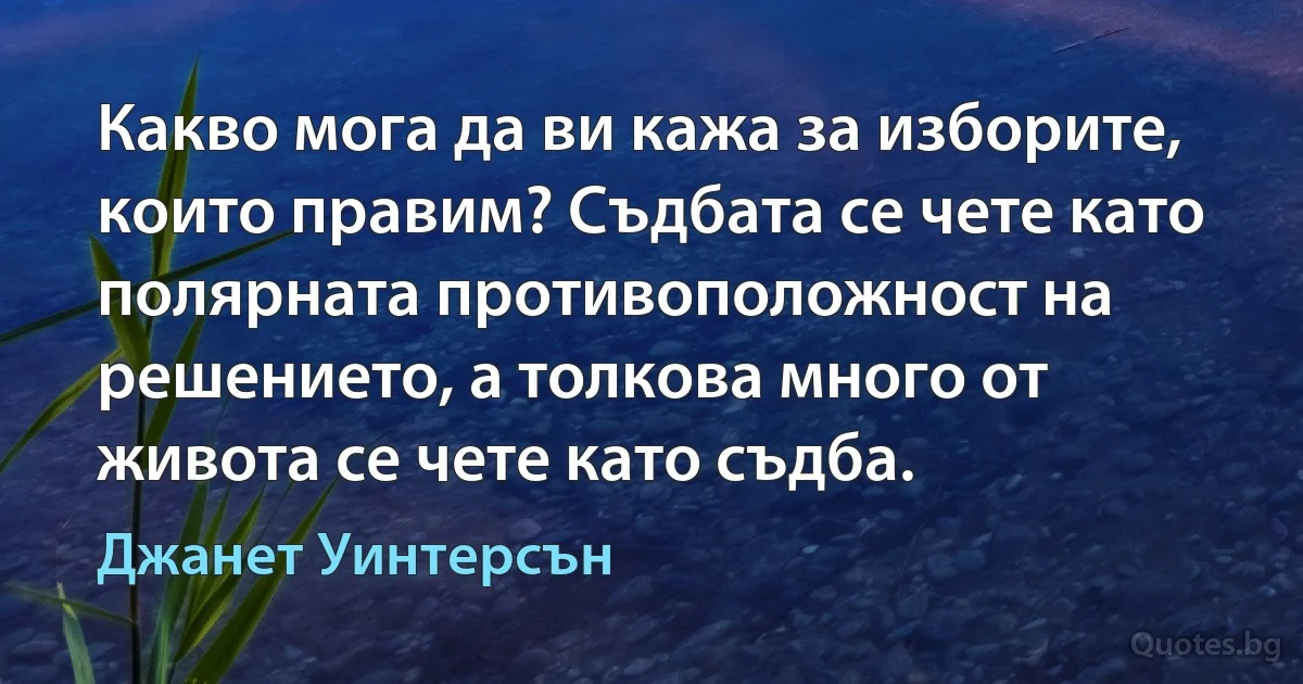 Какво мога да ви кажа за изборите, които правим? Съдбата се чете като полярната противоположност на решението, а толкова много от живота се чете като съдба. (Джанет Уинтерсън)