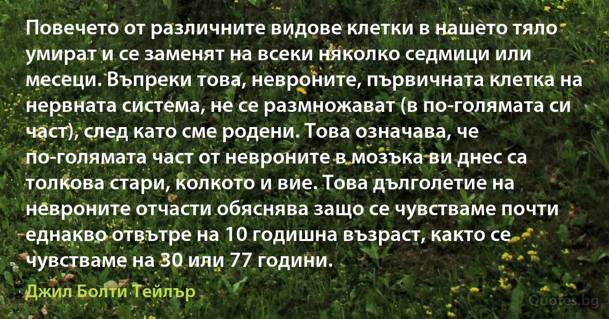 Повечето от различните видове клетки в нашето тяло умират и се заменят на всеки няколко седмици или месеци. Въпреки това, невроните, първичната клетка на нервната система, не се размножават (в по-голямата си част), след като сме родени. Това означава, че по-голямата част от невроните в мозъка ви днес са толкова стари, колкото и вие. Това дълголетие на невроните отчасти обяснява защо се чувстваме почти еднакво отвътре на 10 годишна възраст, както се чувстваме на 30 или 77 години. (Джил Болти Тейлър)