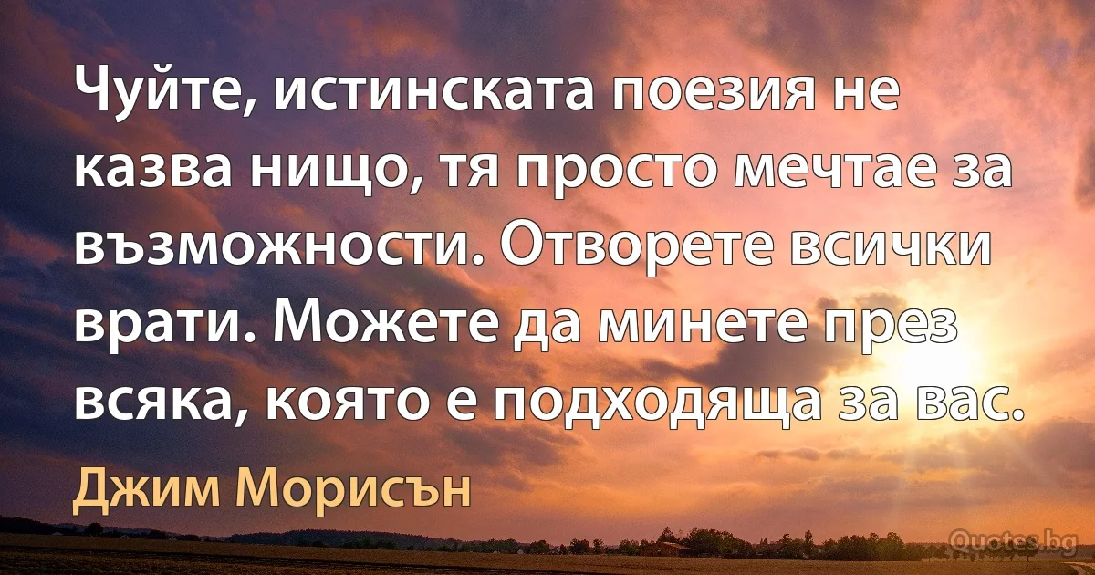 Чуйте, истинската поезия не казва нищо, тя просто мечтае за възможности. Отворете всички врати. Можете да минете през всяка, която е подходяща за вас. (Джим Морисън)