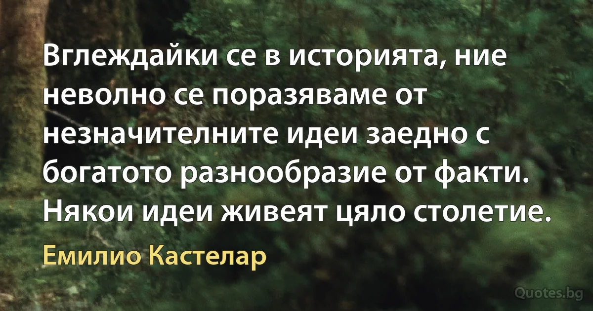 Вглеждайки се в историята, ние неволно се поразяваме от незначителните идеи заедно с богатото разнообразие от факти. Някои идеи живеят цяло столетие. (Емилио Кастелар)