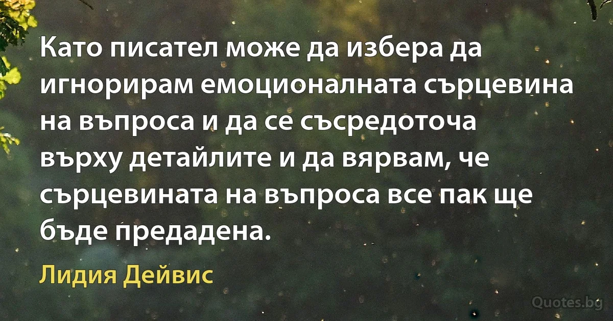 Като писател може да избера да игнорирам емоционалната сърцевина на въпроса и да се съсредоточа върху детайлите и да вярвам, че сърцевината на въпроса все пак ще бъде предадена. (Лидия Дейвис)