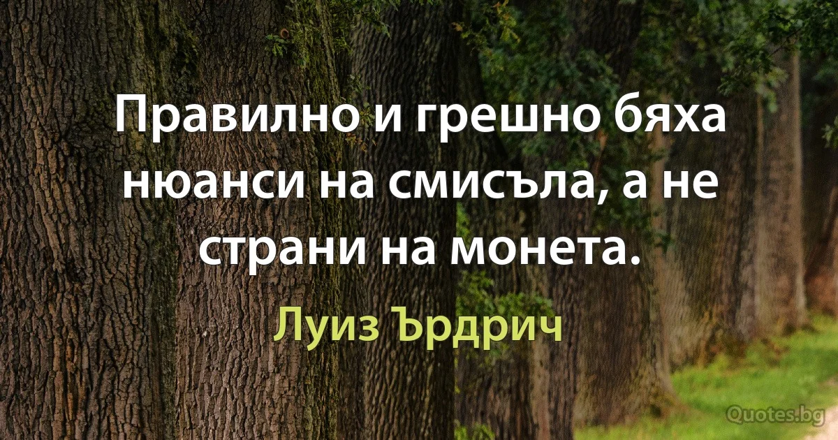 Правилно и грешно бяха нюанси на смисъла, а не страни на монета. (Луиз Ърдрич)