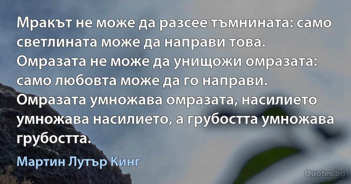 Мракът не може да разсее тъмнината: само светлината може да направи това. Омразата не може да унищожи омразата: само любовта може да го направи. Омразата умножава омразата, насилието умножава насилието, а грубостта умножава грубостта. (Мартин Лутър Кинг)