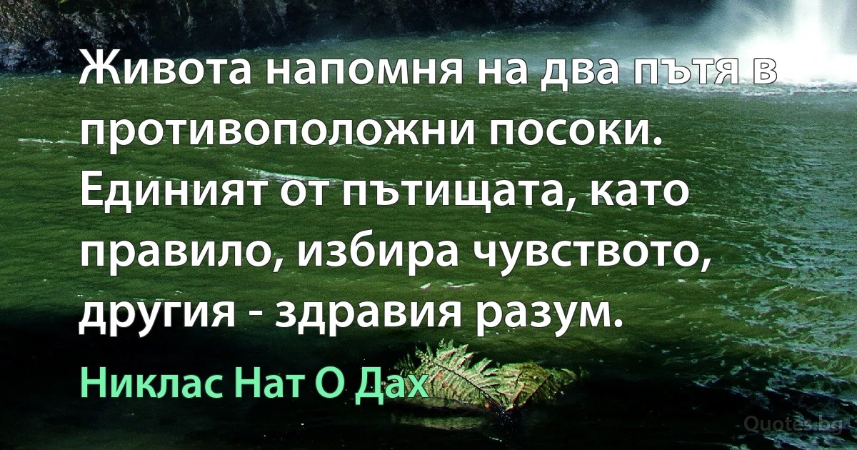 Живота напомня на два пътя в противоположни посоки. Единият от пътищата, като правило, избира чувството, другия - здравия разум. (Никлас Нат О Дах)