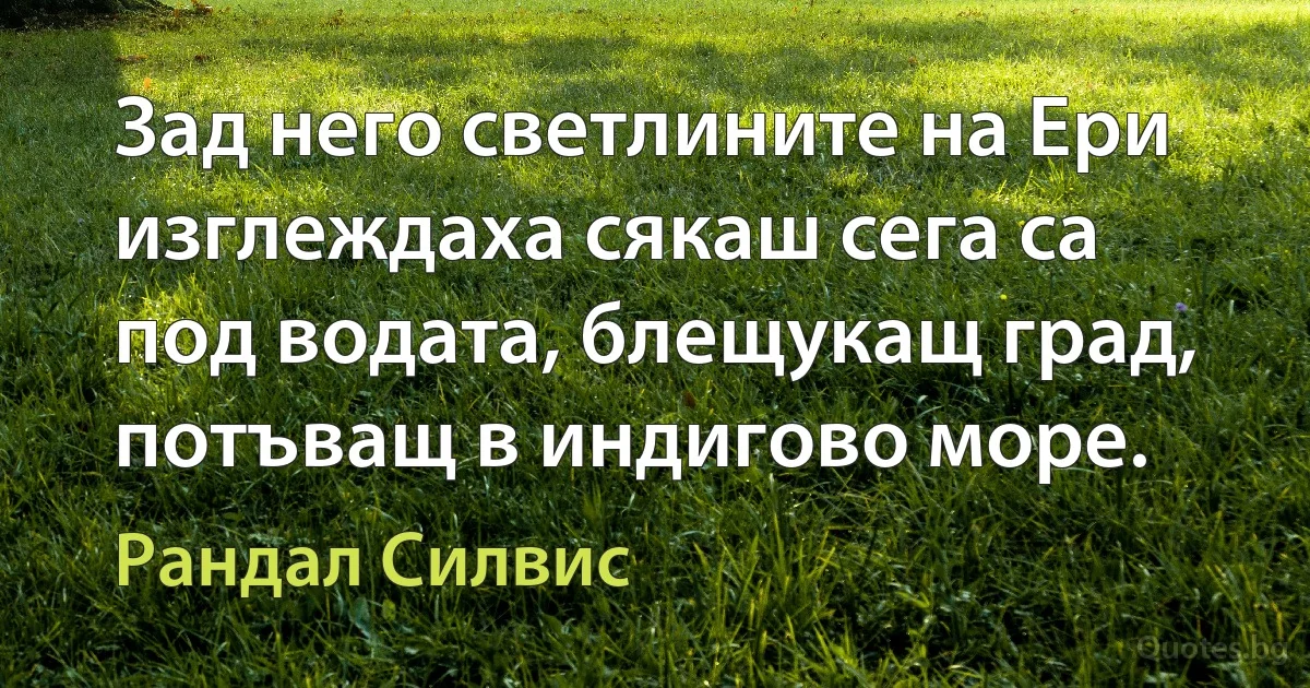 Зад него светлините на Ери изглеждаха сякаш сега са под водата, блещукащ град, потъващ в индигово море. (Рандал Силвис)