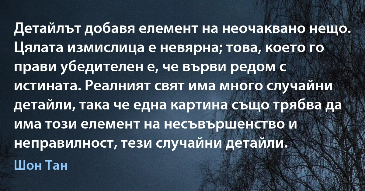 Детайлът добавя елемент на неочаквано нещо. Цялата измислица е невярна; това, което го прави убедителен е, че върви редом с истината. Реалният свят има много случайни детайли, така че една картина също трябва да има този елемент на несъвършенство и неправилност, тези случайни детайли. (Шон Тан)