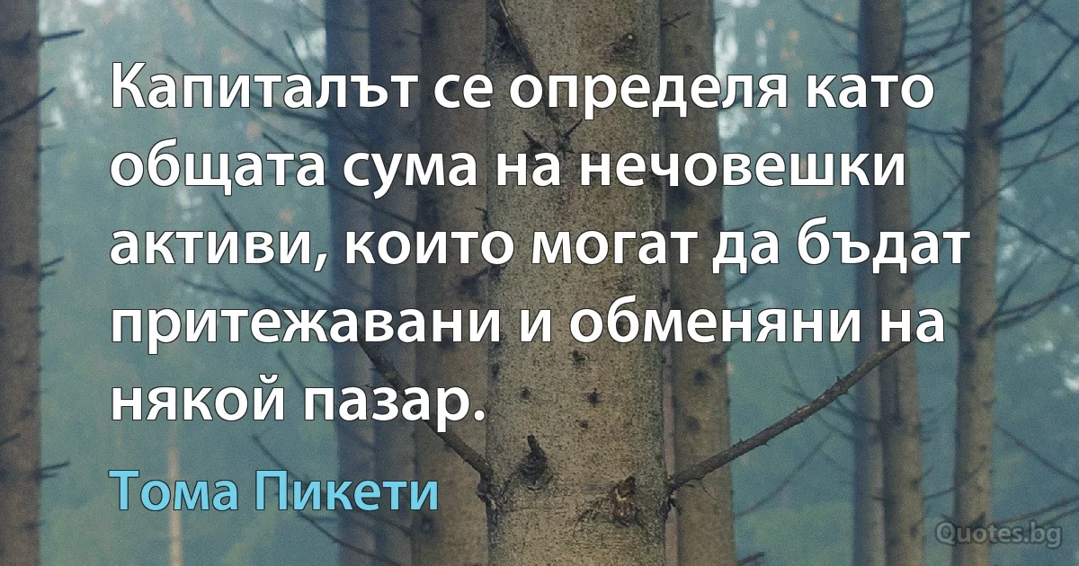 Капиталът се определя като общата сума на нечовешки активи, които могат да бъдат притежавани и обменяни на някой пазар. (Тома Пикети)