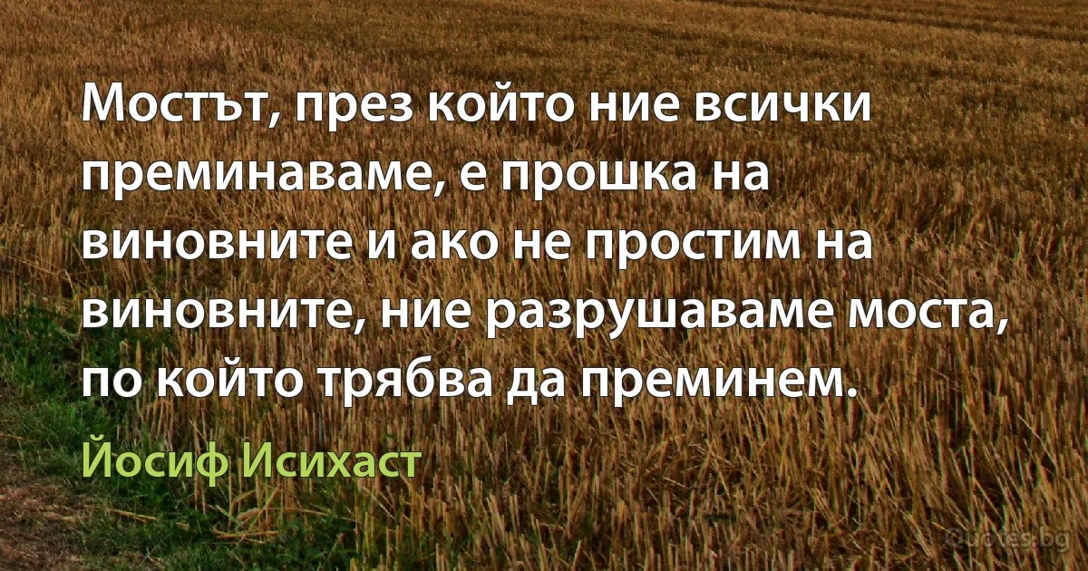 Мостът, през който ние всички преминаваме, е прошка на виновните и ако не простим на виновните, ние разрушаваме моста, по който трябва да преминем. (Йосиф Исихаст)