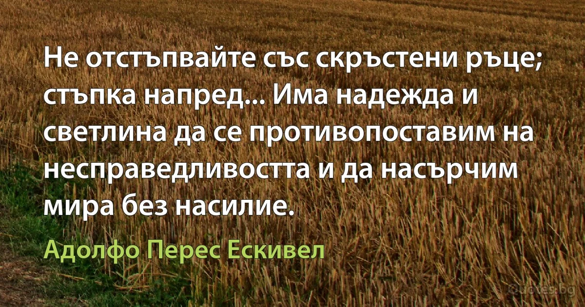 Не отстъпвайте със скръстени ръце; стъпка напред... Има надежда и светлина да се противопоставим на несправедливостта и да насърчим мира без насилие. (Адолфо Перес Ескивел)