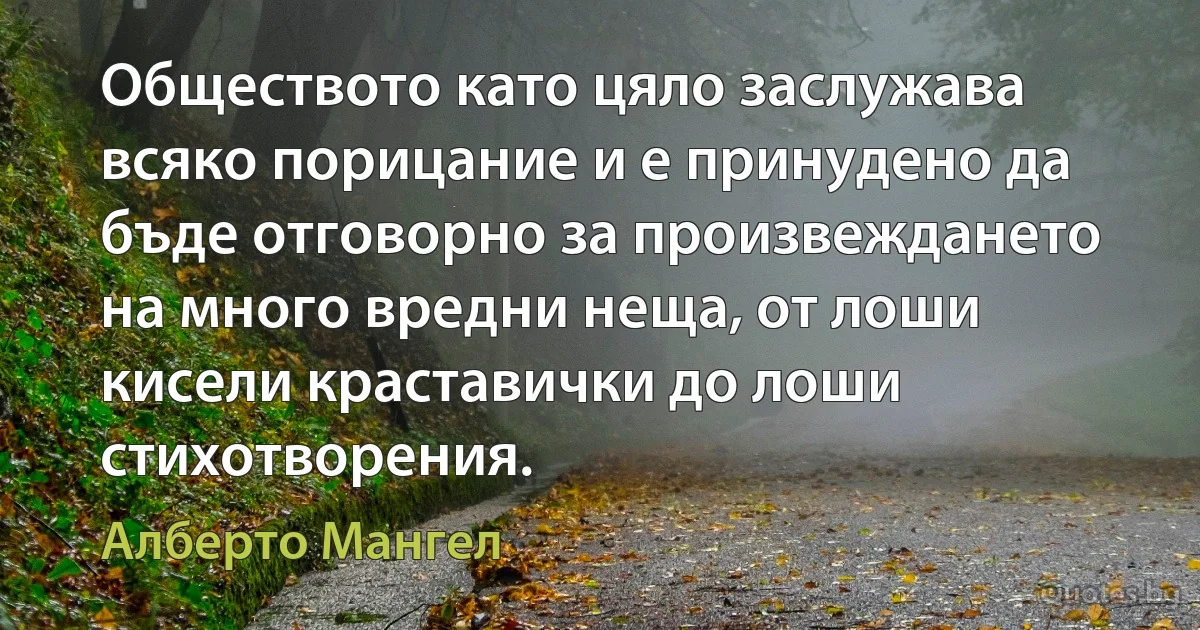 Обществото като цяло заслужава всяко порицание и е принудено да бъде отговорно за произвеждането на много вредни неща, от лоши кисели краставички до лоши стихотворения. (Алберто Мангел)