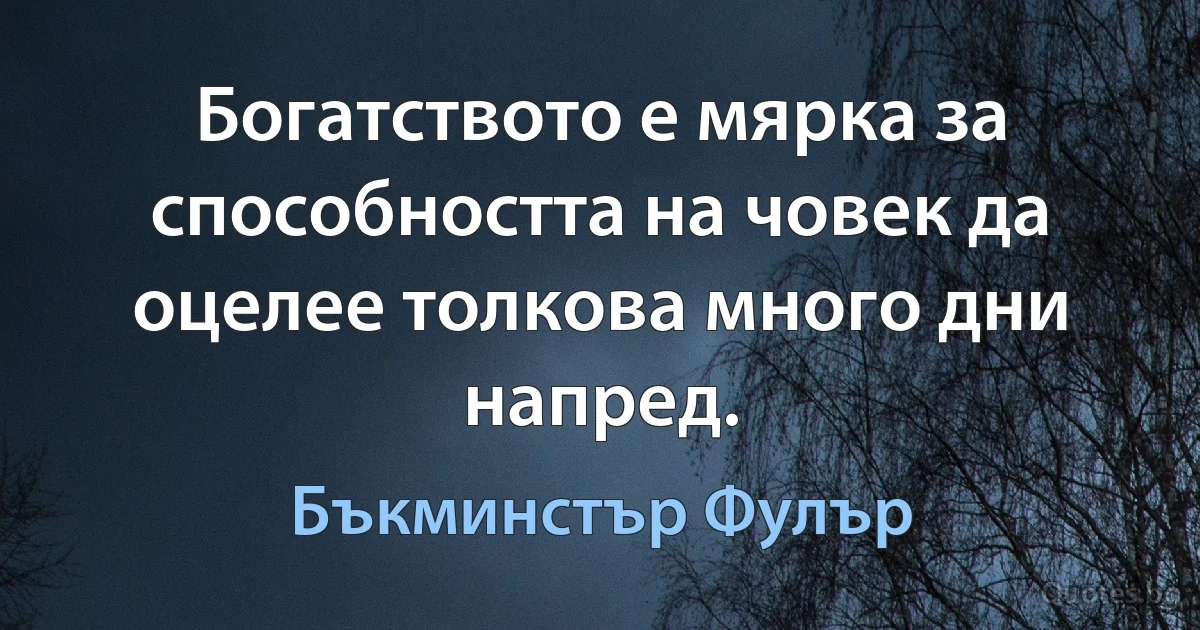 Богатството е мярка за способността на човек да оцелее толкова много дни напред. (Бъкминстър Фулър)