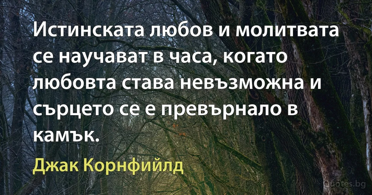 Истинската любов и молитвата се научават в часа, когато любовта става невъзможна и сърцето се е превърнало в камък. (Джак Корнфийлд)