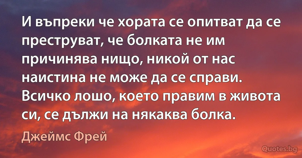 И въпреки че хората се опитват да се преструват, че болката не им причинява нищо, никой от нас наистина не може да се справи. Всичко лошо, което правим в живота си, се дължи на някаква болка. (Джеймс Фрей)