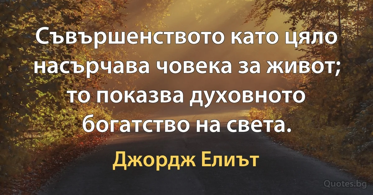 Съвършенството като цяло насърчава човека за живот; то показва духовното богатство на света. (Джордж Елиът)