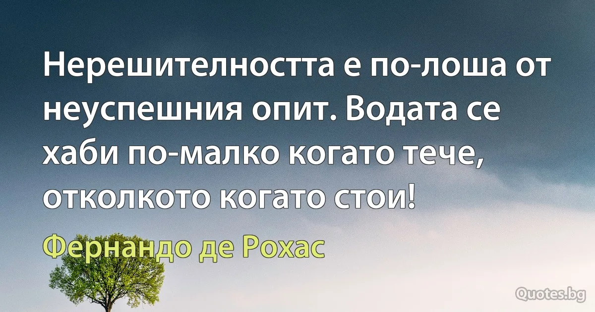 Нерешителността е по-лоша от неуспешния опит. Водата се хаби по-малко когато тече, отколкото когато стои! (Фернандо де Рохас)