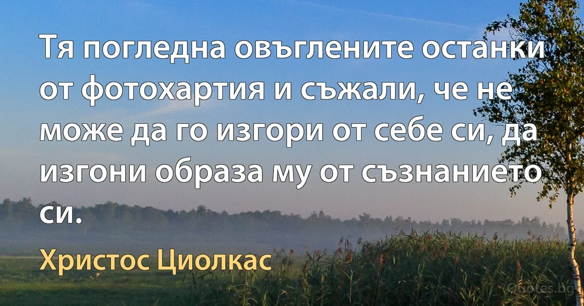 Тя погледна овъглените останки от фотохартия и съжали, че не може да го изгори от себе си, да изгони образа му от съзнанието си. (Христос Циолкас)