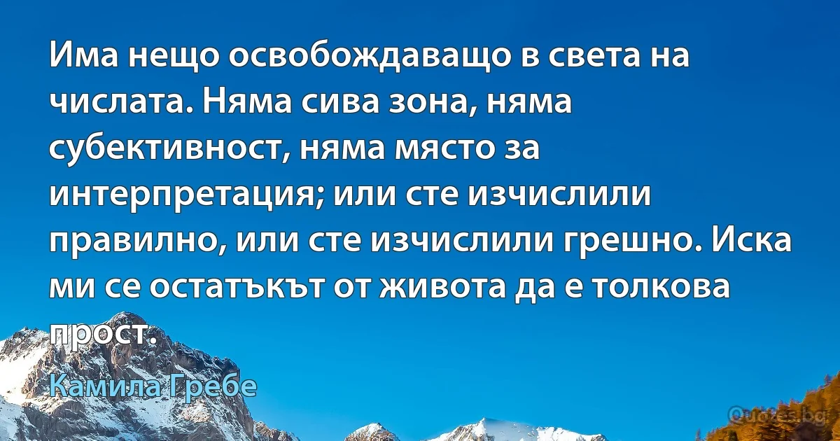 Има нещо освобождаващо в света на числата. Няма сива зона, няма субективност, няма място за интерпретация; или сте изчислили правилно, или сте изчислили грешно. Иска ми се остатъкът от живота да е толкова прост. (Камила Гребе)