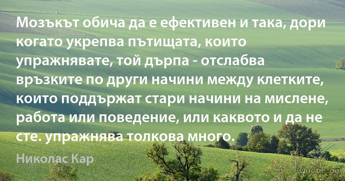 Мозъкът обича да е ефективен и така, дори когато укрепва пътищата, които упражнявате, той дърпа - отслабва връзките по други начини между клетките, които поддържат стари начини на мислене, работа или поведение, или каквото и да не сте. упражнява толкова много. (Николас Кар)