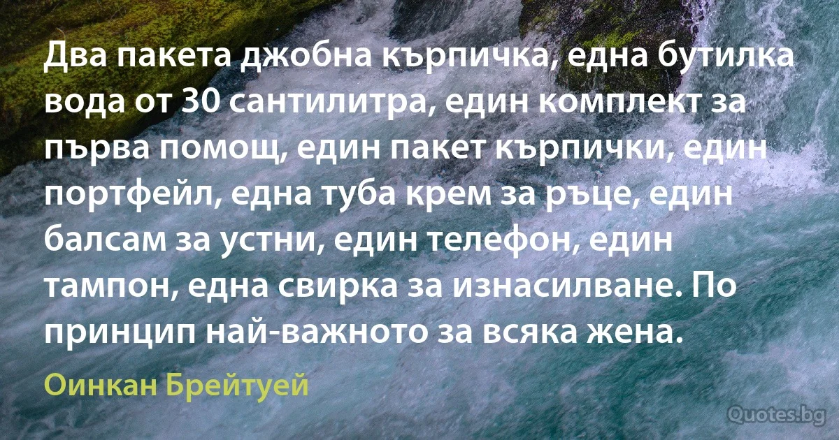 Два пакета джобна кърпичка, една бутилка вода от 30 сантилитра, един комплект за първа помощ, един пакет кърпички, един портфейл, една туба крем за ръце, един балсам за устни, един телефон, един тампон, една свирка за изнасилване. По принцип най-важното за всяка жена. (Оинкан Брейтуей)