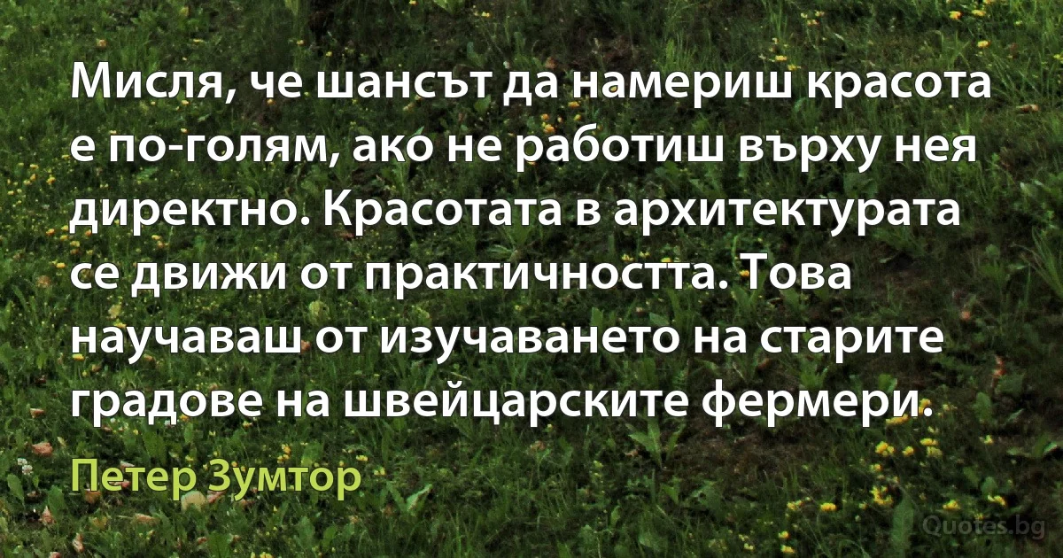 Мисля, че шансът да намериш красота е по-голям, ако не работиш върху нея директно. Красотата в архитектурата се движи от практичността. Това научаваш от изучаването на старите градове на швейцарските фермери. (Петер Зумтор)