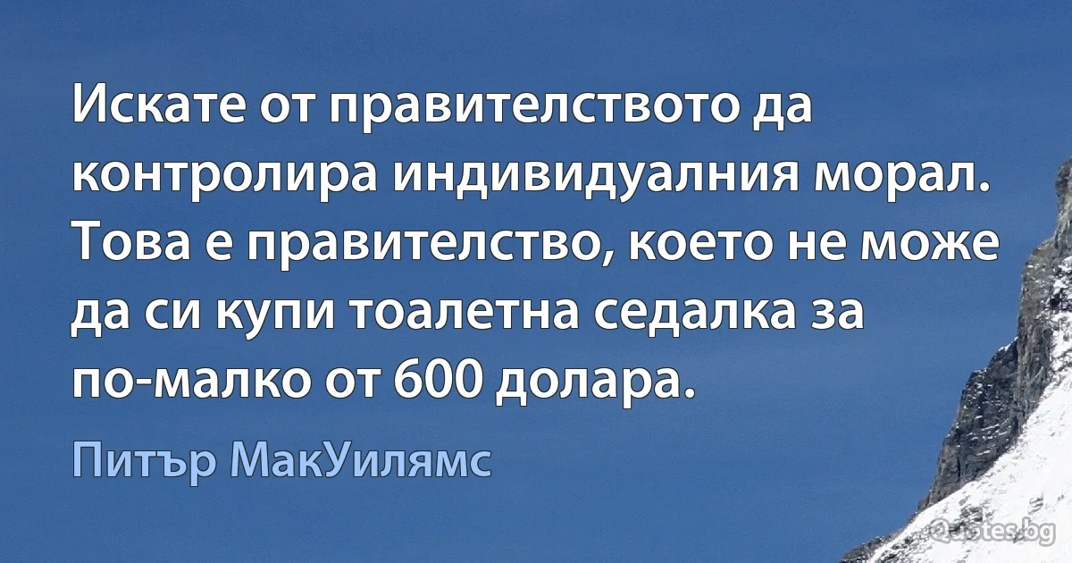 Искате от правителството да контролира индивидуалния морал. Това е правителство, което не може да си купи тоалетна седалка за по-малко от 600 долара. (Питър МакУилямс)