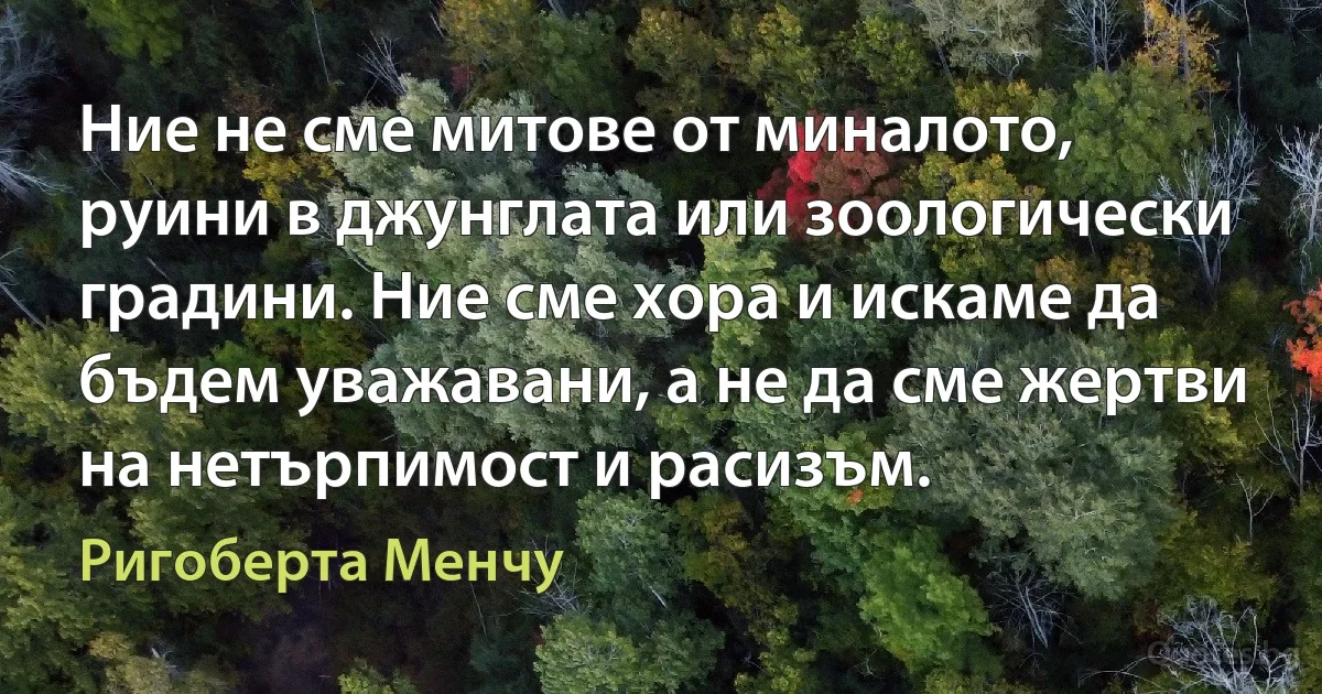 Ние не сме митове от миналото, руини в джунглата или зоологически градини. Ние сме хора и искаме да бъдем уважавани, а не да сме жертви на нетърпимост и расизъм. (Ригоберта Менчу)